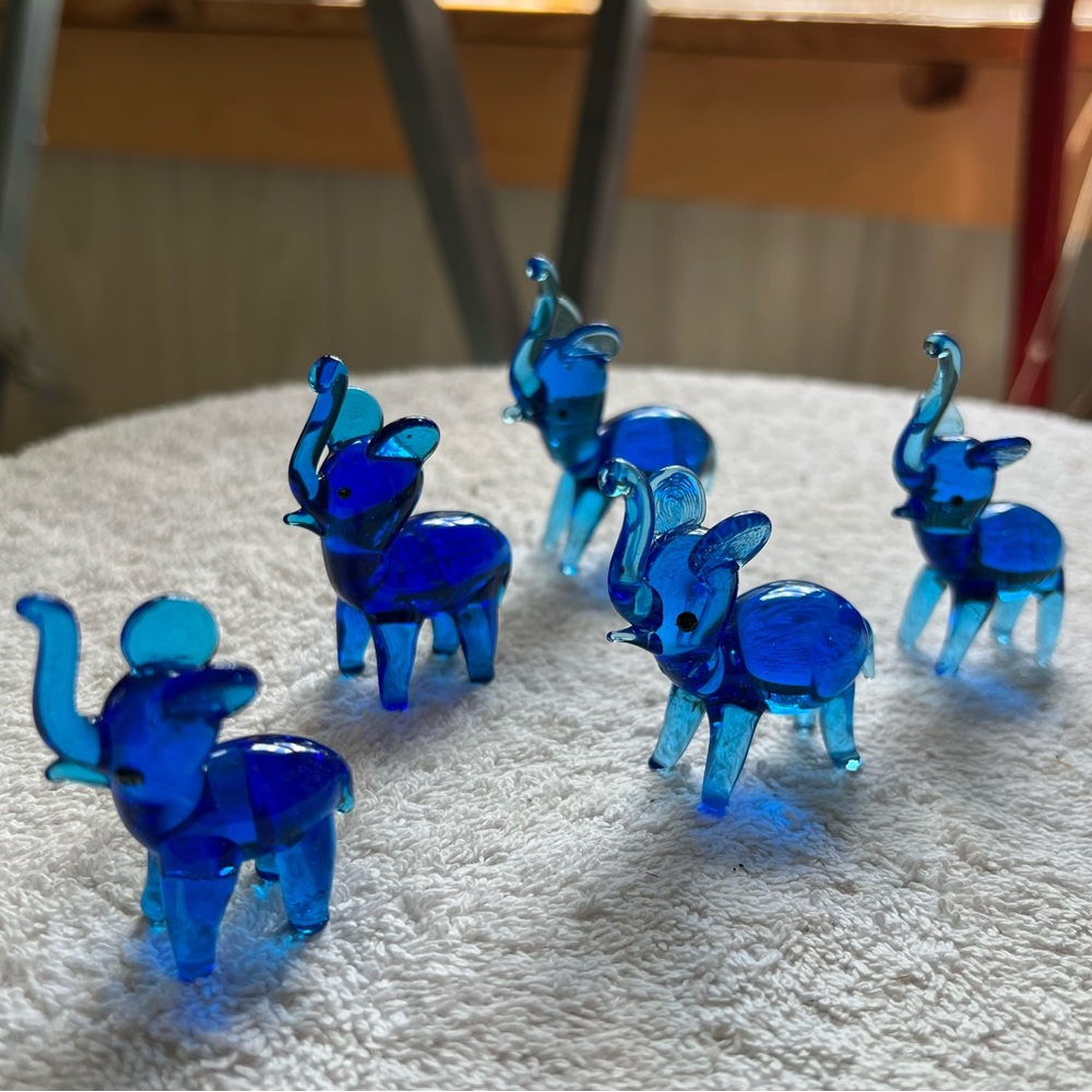 Vintage Hand Blown Glass Art Blue Elephants lot of 5
